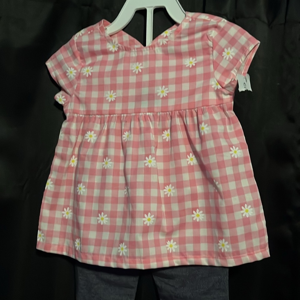 New. Carters 2 Piece Set - Pink Checkered Dress with Blue Leggings - Picture 2 of 4